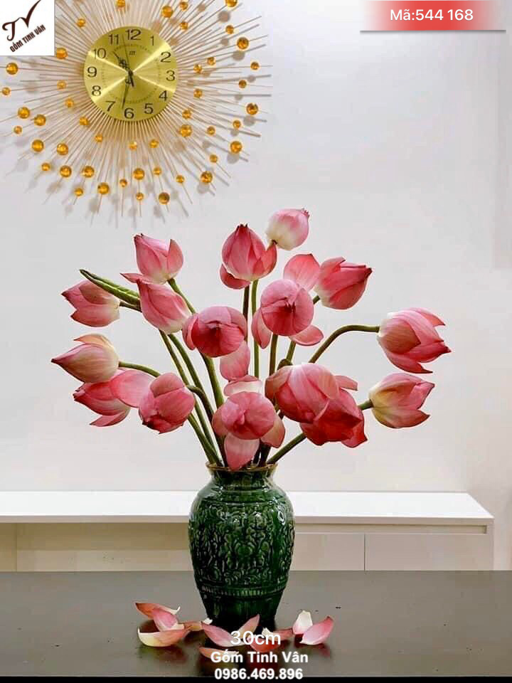 Bình bông nghệ thuật men xanh ngọc lục bảo, đắp nổi 3D, mã 544168, cao 30 cm, bình cắm hoa sen đẹp, sang trọng, trưng phòng khách, gốm bát tràng tinh vân