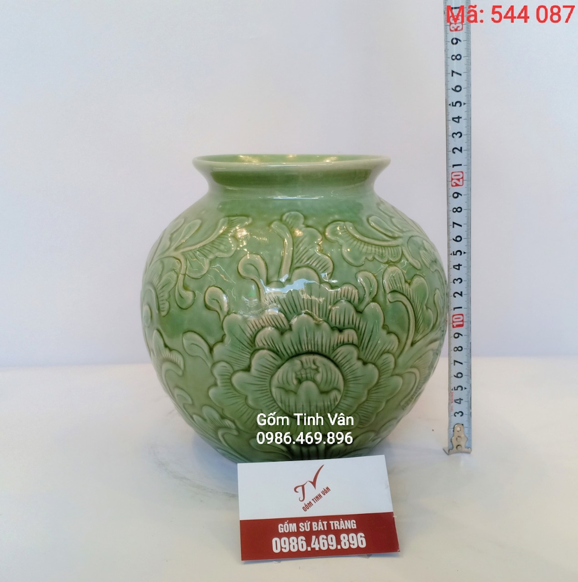 Bình bông nghệ thuật, mã 544087, men xanh rêu cổ đắp nổi, gốm bát tràng, tinh vân, cao 21 cm