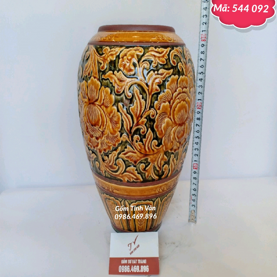 Bình bông nghệ thuật, mã 544092, men nâu vàng, chạm khắc nổi, hoa phù dung, gốm bát tràng, tinh vân, cao 31 cm