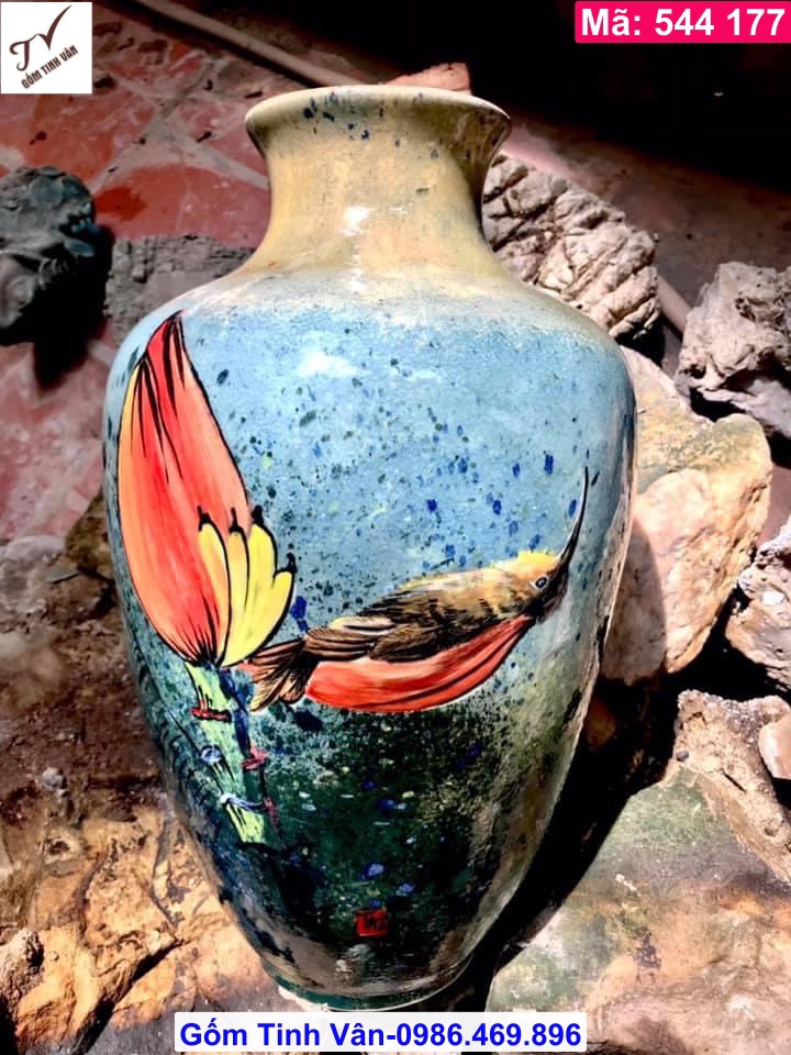 Bình gốm chim hoa vuốt tay nghệ thuật, mã 544177, hàng vuốt tay độc bản, hoa văn sống động, màu sắc hài hòa, bình gốm mộc mạc, cắm hoa, cắm sen đẹp, cao 30-35 cm, gốm sứ bát tràng tinh vân