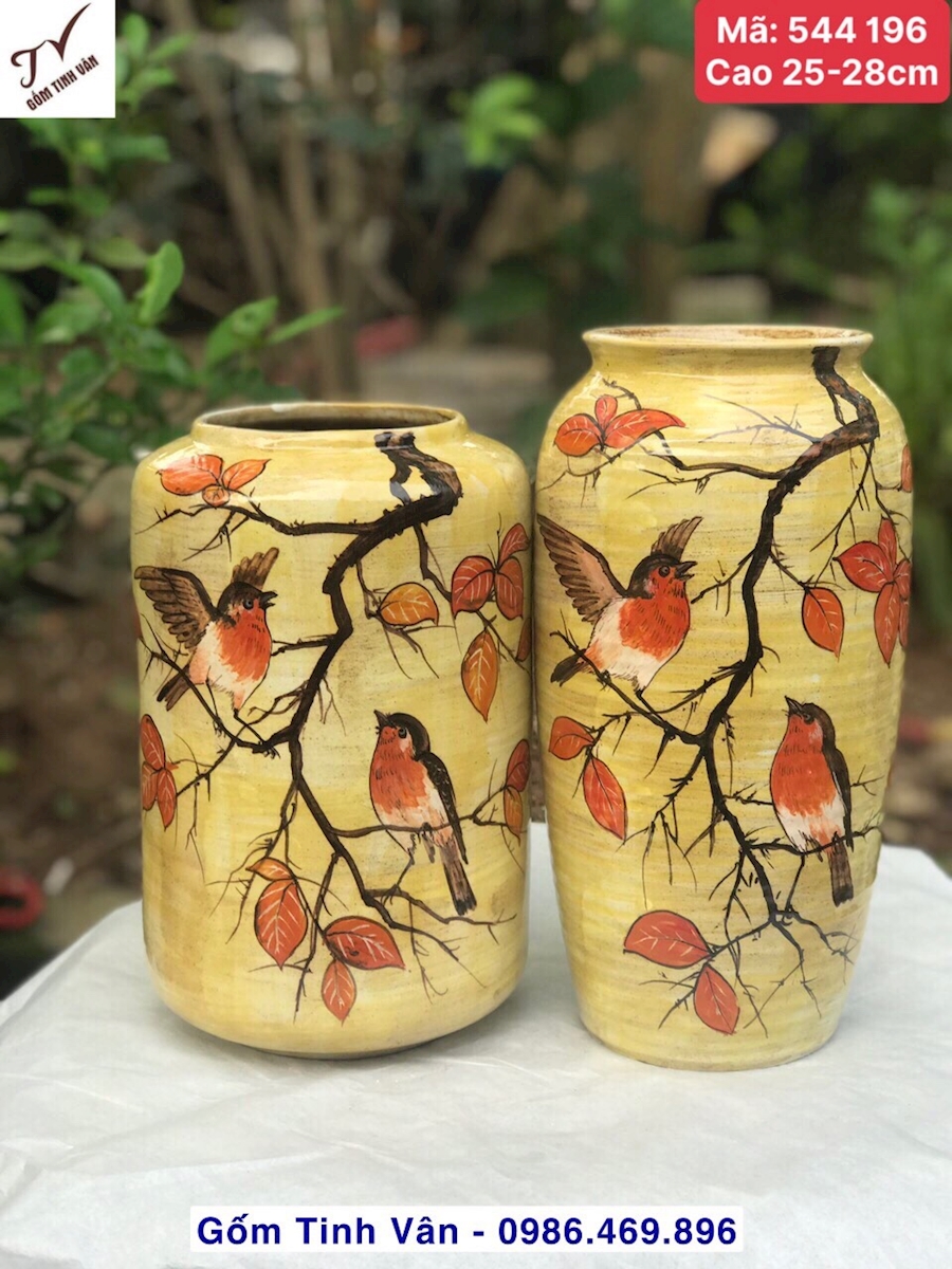 Bình gốm nghệ thuật, lọ cắm hoa, bình bông, mã 544196, bình ống thon cao 25-28 cm, men vàng thổ cổ điển, gốm vuốt tay mộc mạc, vẽ cảnh chim đậu cành lá đỏ mùa thu, gốm bát tràng tinh vân