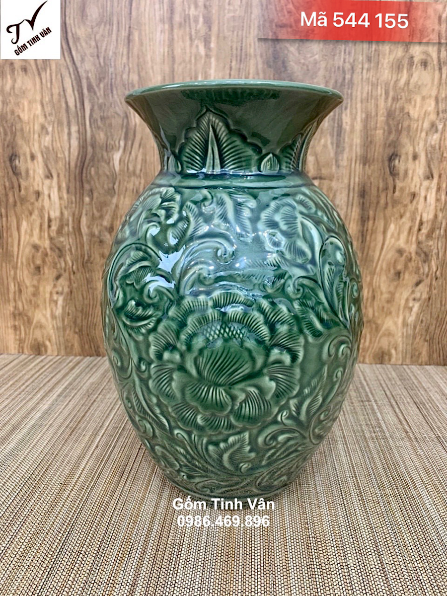 Bình gốm nghệ thuật, mã 544155, dáng bầu tròn, hoa mẫu đơn đắp nổi 3D, cao 26 cm, men xanh ngọc lục bảo, gốm bát tràng cao cấp
