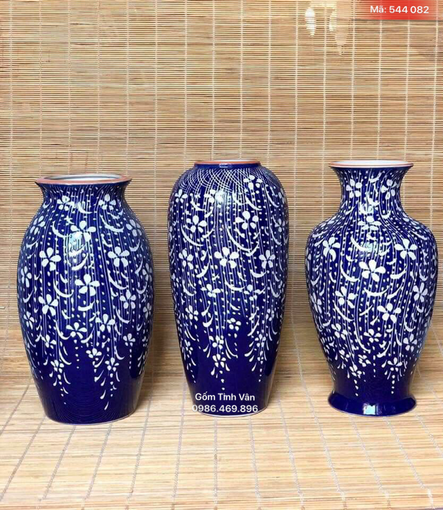 Bộ 3 bình bông nghệ thuật, mã 544082, men xanh, hoa mai trắng, cao 30 cm, gốm bát tràng, tinh vân