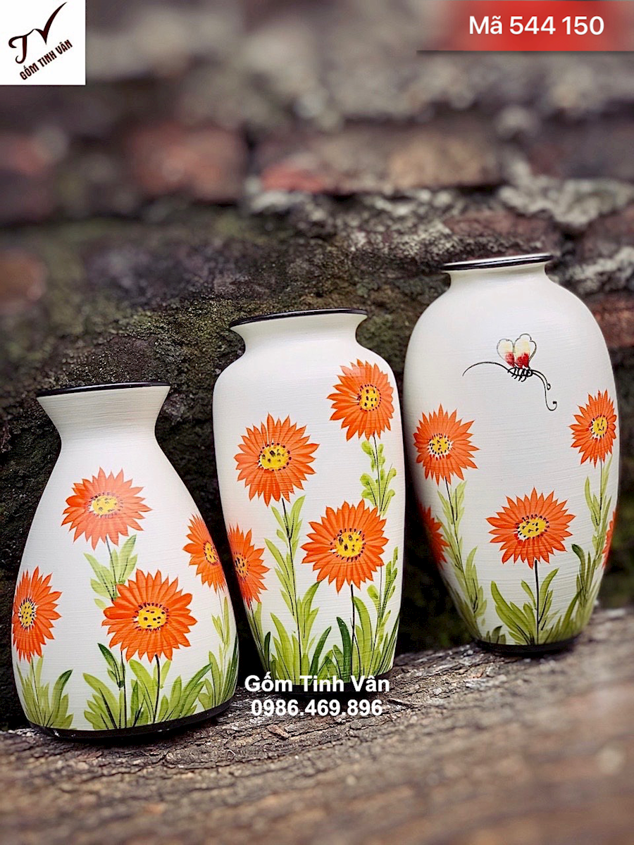 Bộ 3 bình bông nghệ thuật, mã 544150, decor trang trí nội thất, sắc cam rực rỡ, hoa văn vẽ tay sắc nét, cao 25-27-30 cm, mẫu mới và đẹp nhất 2020, gốm tinh vân