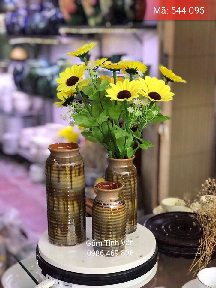 Bộ 3 bình gốm vuốt tay độc đáo, mã 544095, men nâu chảy nghệ thuật, gốm bát tràng, tinh vân