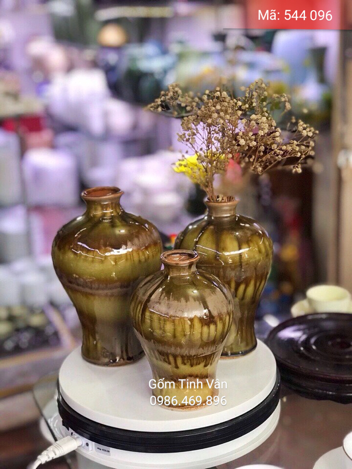 Bộ 3 bình gốm vuốt tay độc đáo, mã 544096, men nâu chảy nghệ thuật, gốm bát tràng, tinh vân