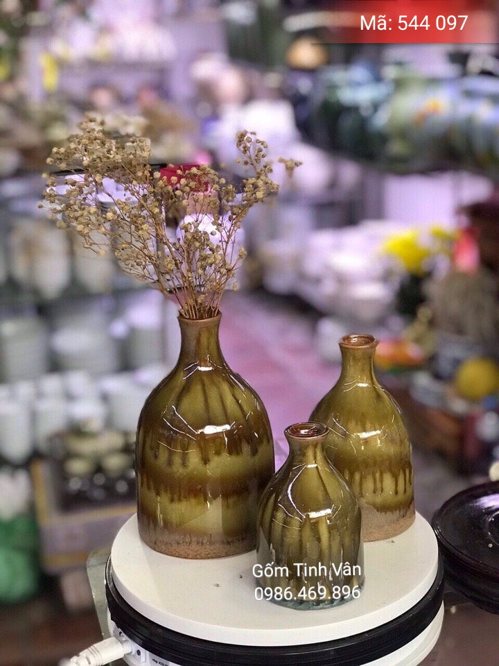 Bộ 3 bình gốm vuốt tay độc đáo, mã 544097, men nâu chảy nghệ thuật, gốm bát tràng, tinh vân