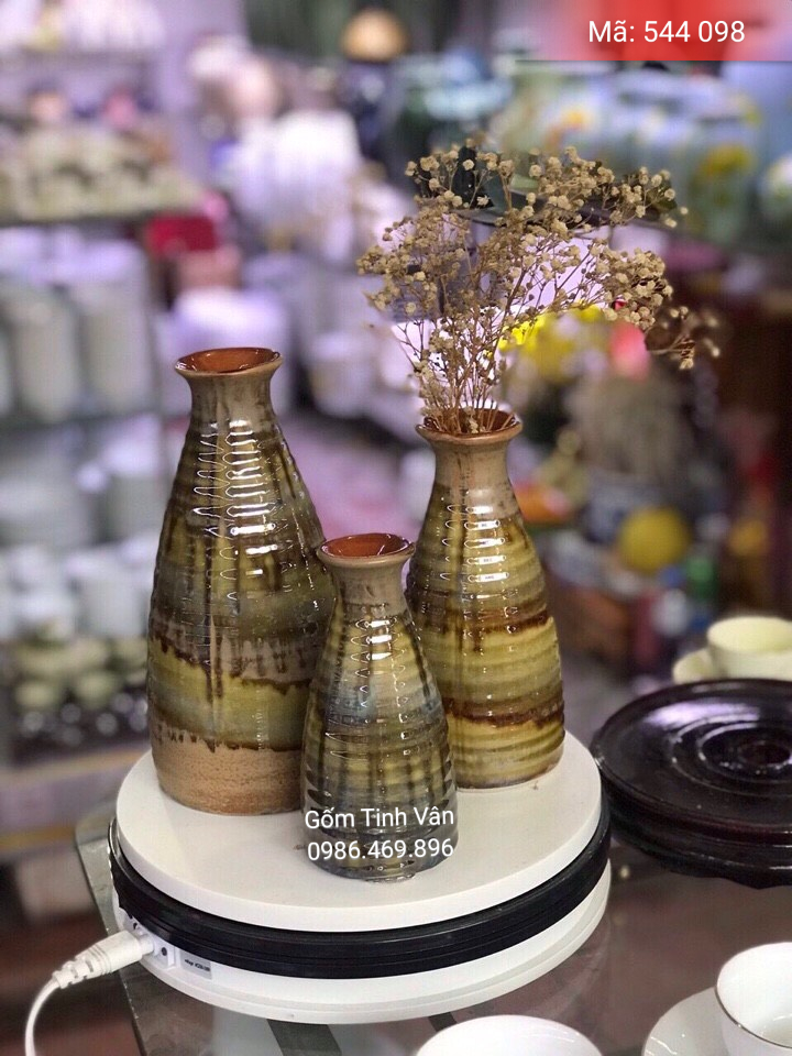 Bộ 3 bình gốm vuốt tay độc đáo, mã 544098, men nâu chảy nghệ thuật, gốm bát tràng, tinh vân