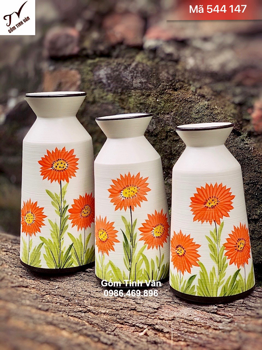 Bộ 3 bình hoa decor cao 25-23-20 cm, mã 544147, sắc cam tươi tắn, hoa vẽ tay rực rỡ, trưng bày phòng khách, sang trọng, gốm tinh vân bát tràng