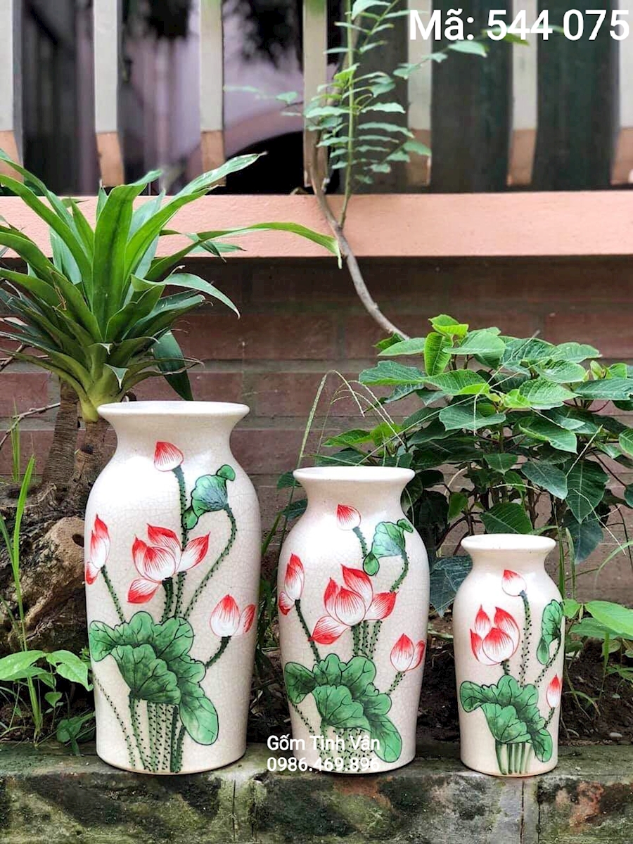 Bộ 3 bình hoa sen, dáng loe, mã 544075, cao 25-30-35 cm, gốm bát tràng, tinh vân