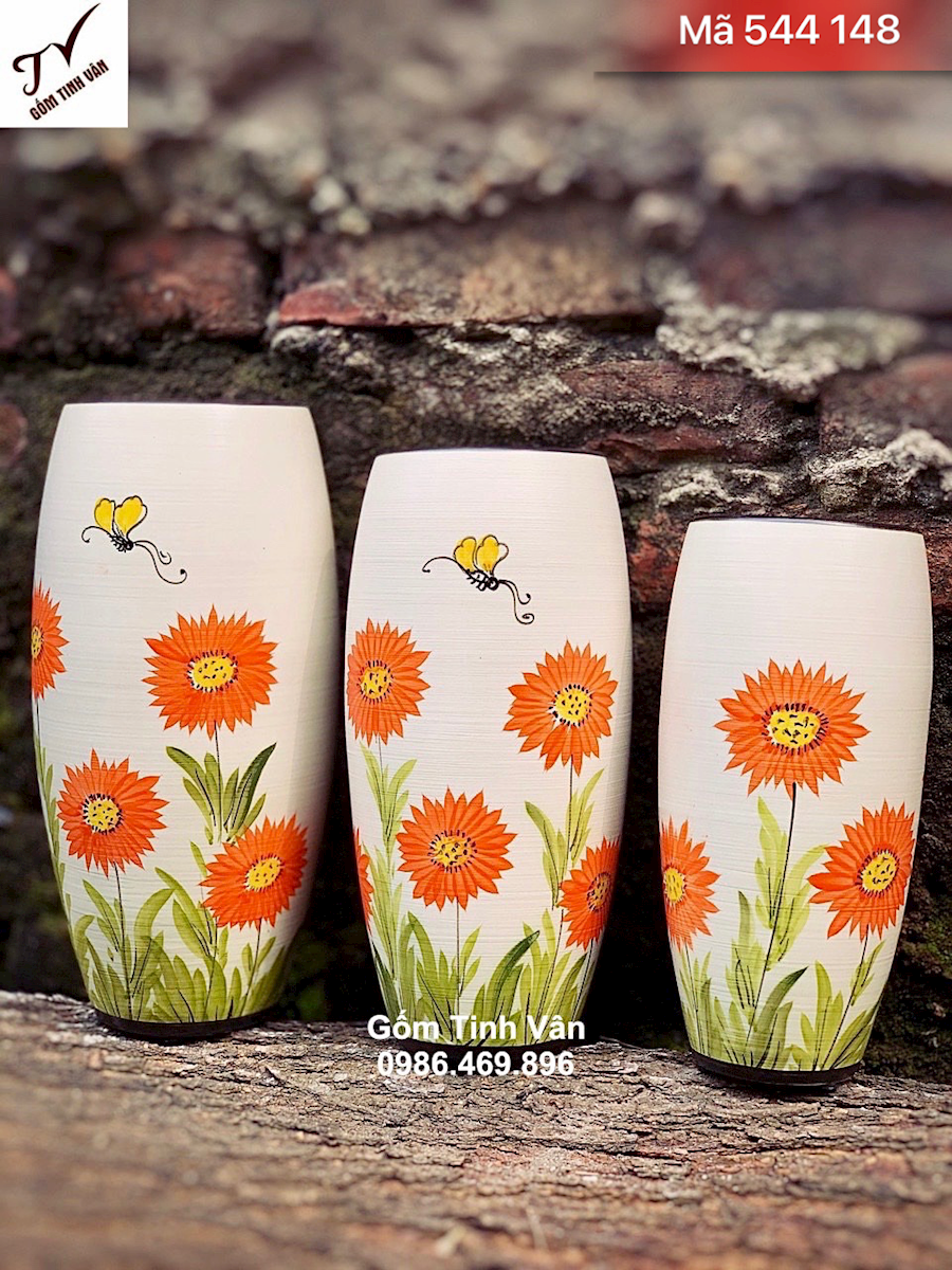 Bộ 3 lọ dáng bom vẽ hoa màu cam rực rỡ, mã 544148, cao 29-27-25 cm, đk 15 cm, bình bông decor trang trí nội thất đẹp, sứ bát tràng