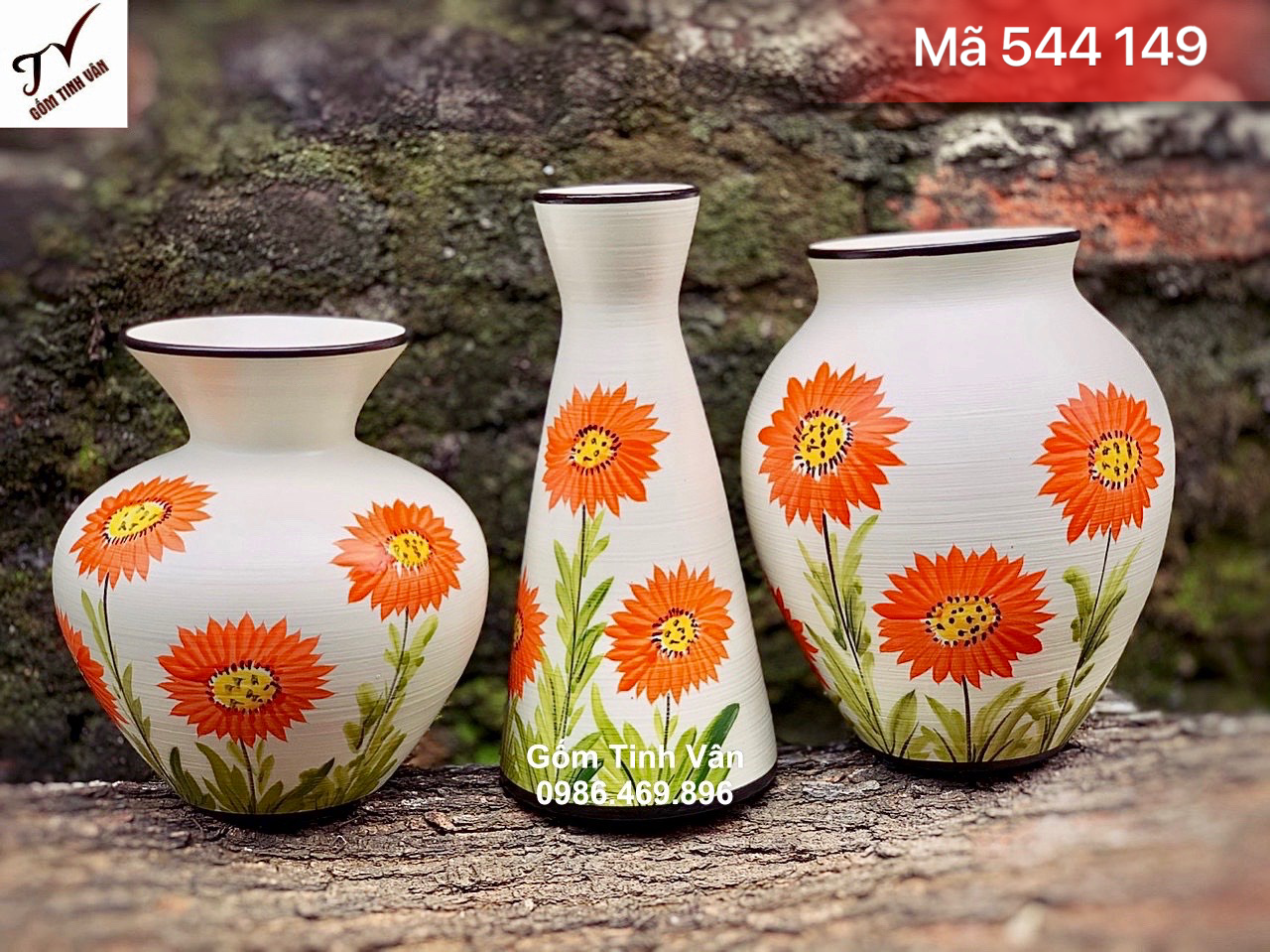 Bộ 3 lọ dáng bom vẽ hoa màu cam rực rỡ, mã 544149, cao 23-27-25 cm, đk 12-18 cm, bình bông decor trang trí nội thất đẹp, sứ bát tràng