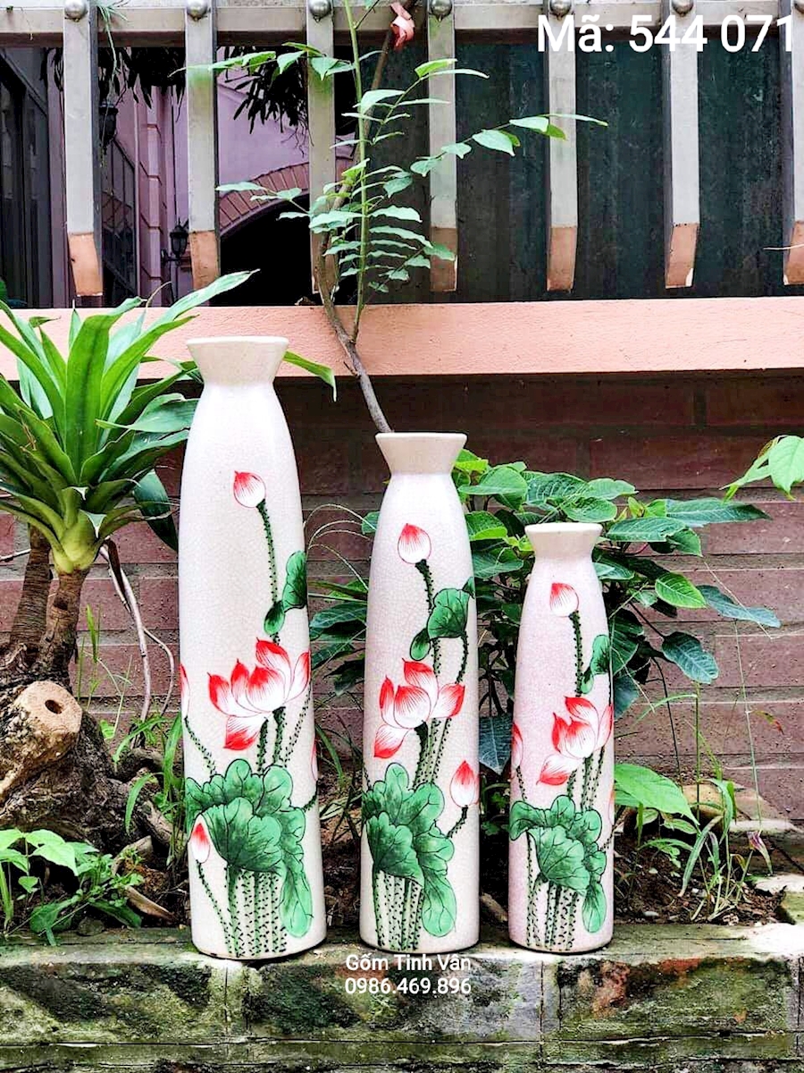 Bộ 3 lọ hoa sen, dáng thon dài, mã 544071, cao 30-35-40 cm, gốm bát tràng, tinh vân