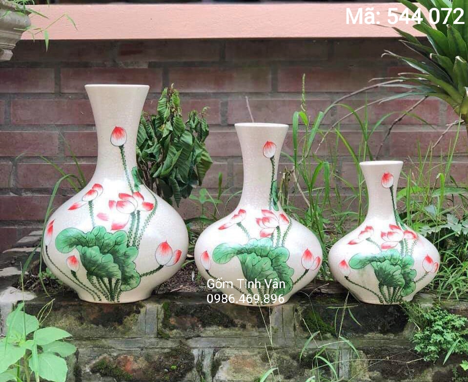 Bộ 3 lọ hoa sen, dáng tỏi, mã 544072, cao 25-30-35 cm, gốm bát tràng, tinh vân