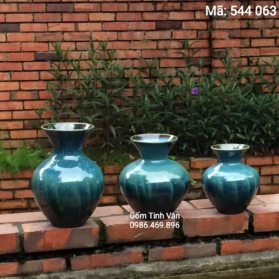 Bộ 3 lọ nghệ thuật miệng loe, mã 544063, men xanh đen đá hoả biến, cao 20-25-30 cm, gốm bát tràng, tinh vân