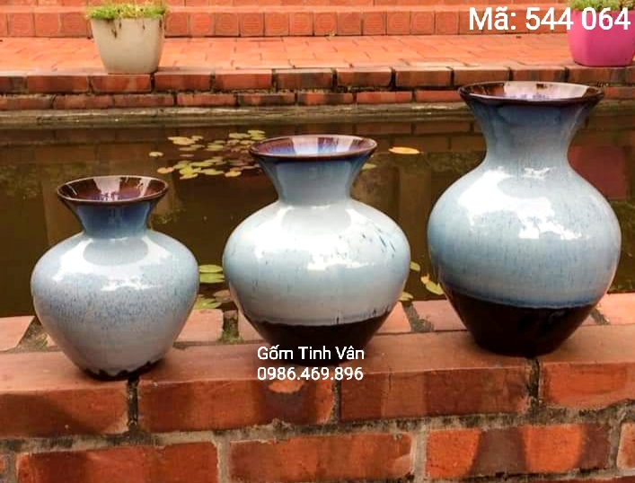 Bộ 3 lọ nghệ thuật miệng loe, mã 544064, men ghi xám hoả biến, cao 20-25-30 cm, gốm bát tràng, tinh vân