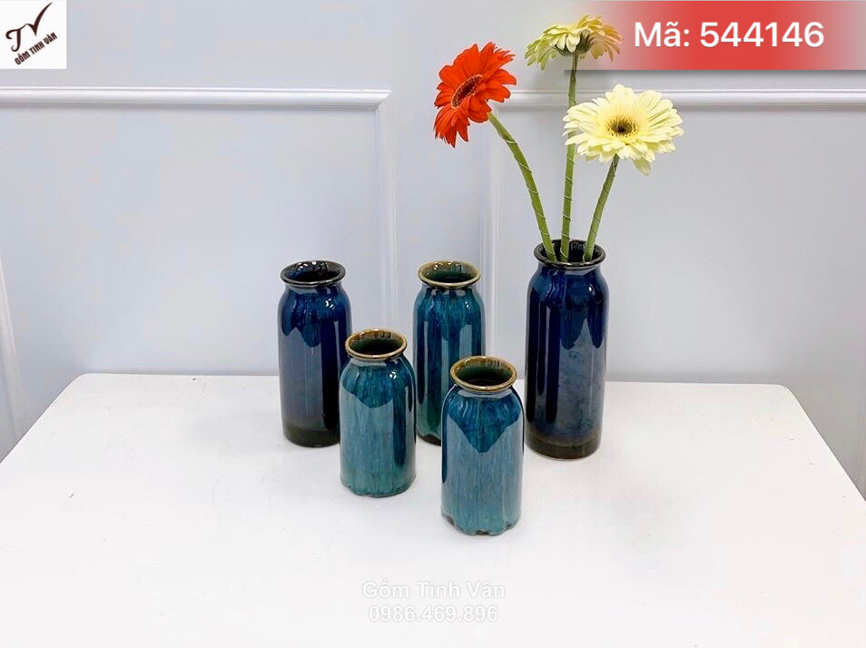 Bộ 5 bình men kính dáng trụ, mã 544146, màu xanh hoả biến, cao 23-18-15 cm, gốm tinh vân