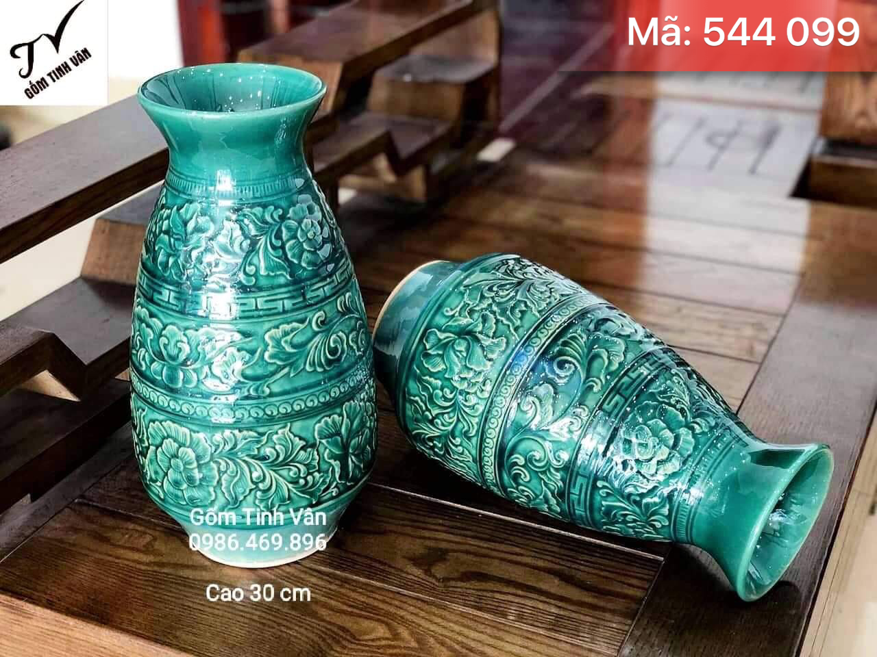 Cặp bình bông nghệ thuật, mã 544099, men xanh ngọc lục bảo, chạm nổi hoa mẫu đơn, cao 30 cm, gốm sứ bát tràng, tinh vân