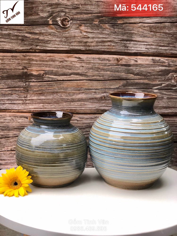 Cặp bình gốm vuốt tay nghệ thuật dáng tròn, mã 544165, cao 22-25 cm, bình cắm bông, trang trí nội thất đẹp, gốm tinh vân