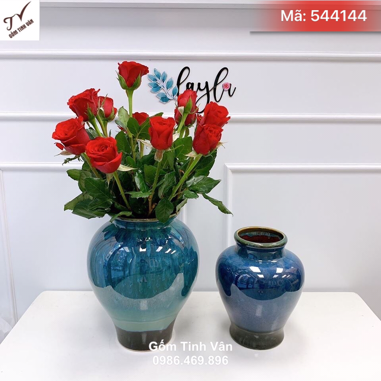 Cặp bình men xanh hoả biến dáng bầu tròn, mã 544144, cao 28-25 cm, bình bông trang trí đẹp, sứ bát tràng tinh vân