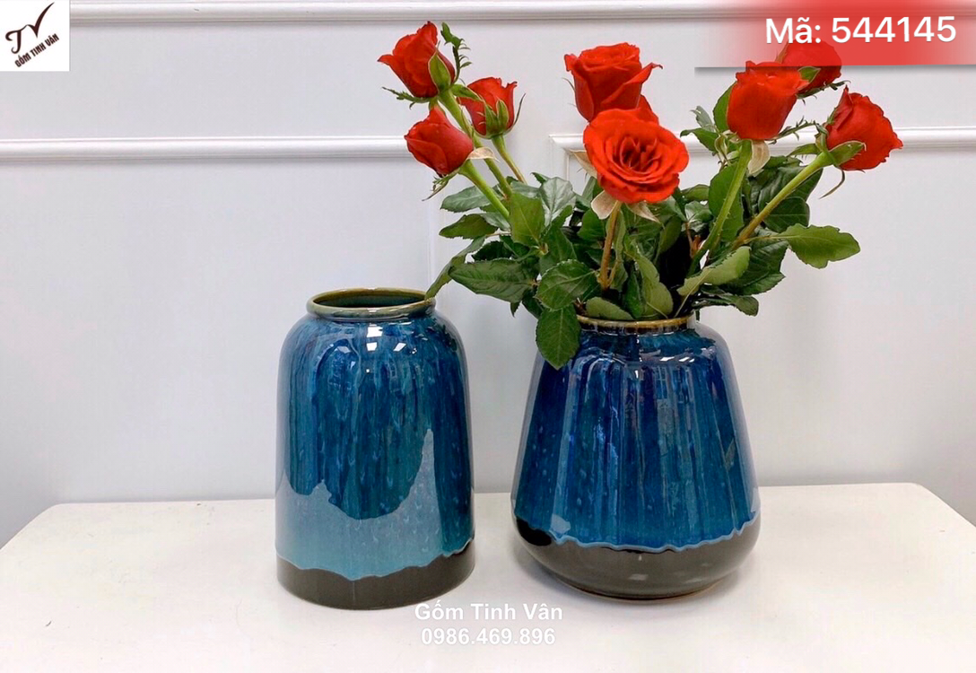 Cặp đôi bình hoa men xanh hoả biến, mã 544145, cao 25 cm, dáng trụ, trưng bày phòng khách, gốm bát tràng
