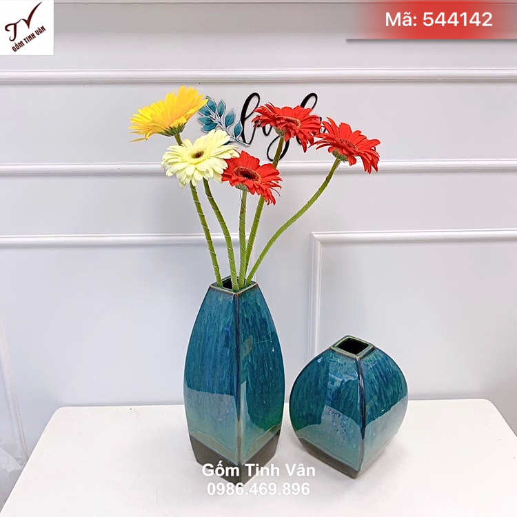 Cặp đôi bình bông dáng vuông, men xanh hoả biến, mã 544142, cao 35-25 cm, kiểu dáng hiện đại, sang trọng, gốm tinh vân bát tràng