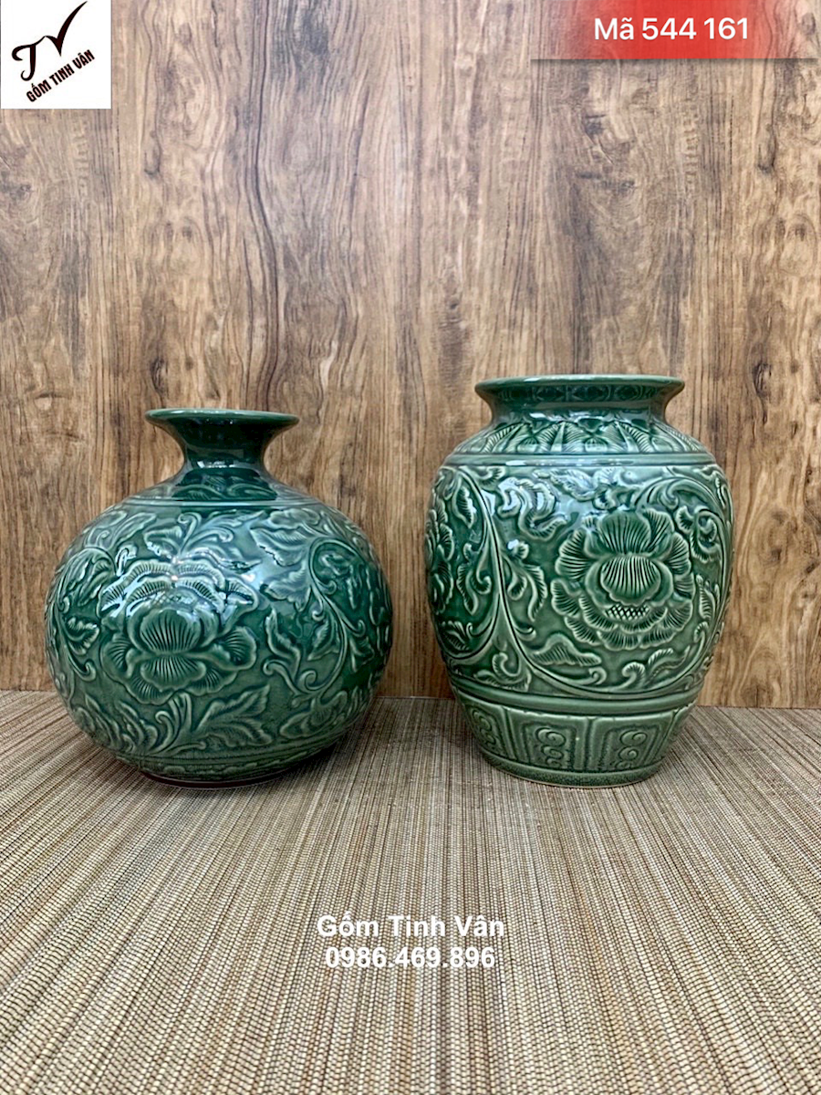 Cặp đôi bình hút tài lộc và bình phát tài phong thuỷ, mã 544161, hoa văn chạm khắc tinh xảo, nghệ nhân chế tác công phu, cao 25-27 cm, gốm tinh vân