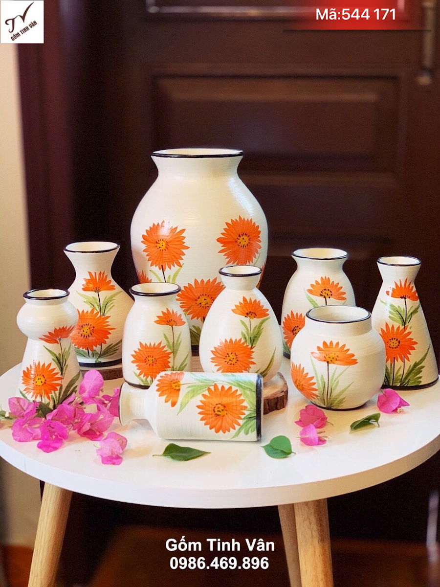 Bộ sưu tập lọ hoa mini dễ thương, mã 544171, hoa đồng tiền màu cam rực rỡ, cao 15-25 cm, set 8 bình bông trang trí nội thất