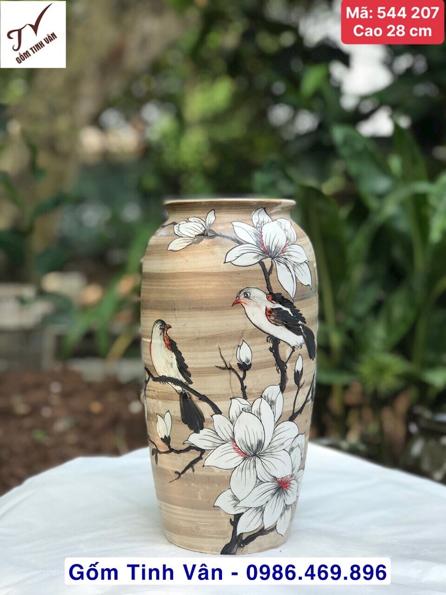 1 chiếc bình gốm trang trí, trưng bông, mã 544207, cao 25-28-30 cm cm, gốm sứ  men nâu vàng hoàng thổ, vẽ tay cảnh chim hoa, gốm vuốt tay mộc mạc, gốm bát tràng tinh vân