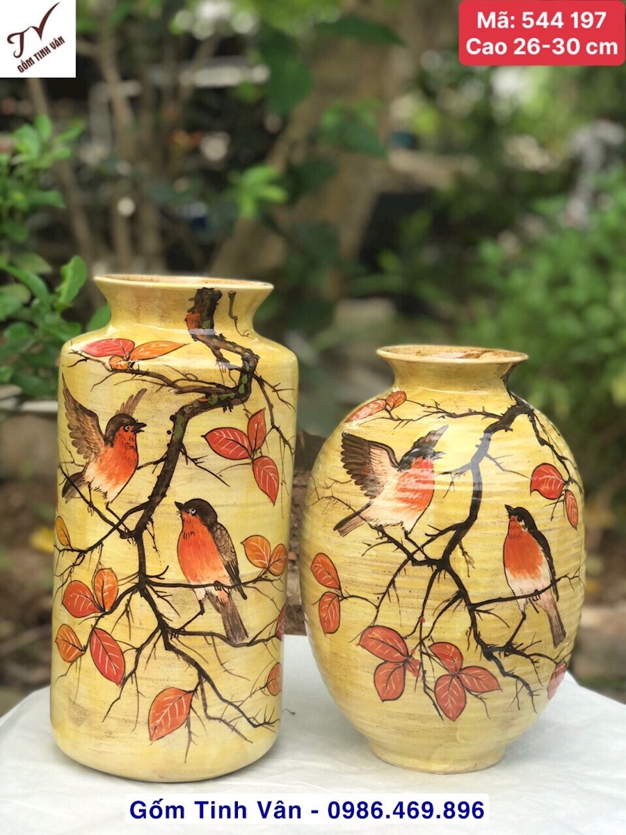 Bình gốm nghệ thuật, lọ cắm hoa, bình bông, mã 544197, cao 26-30 cm, men vàng thổ cổ điển, gốm vuốt tay mộc mạc, vẽ cảnh chim đậu cành lá đỏ mùa thu, gốm bát tràng tinh vân
