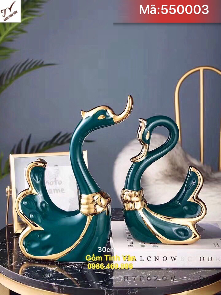 Cặp đôi thiên nga tung cánh xanh ngọc lục bảo vẽ vàng 24k, mã 550003, cao 30 cm, đồ lưu niệm trang trí nội thất sang trọng, gốm bát tràng tinh vân