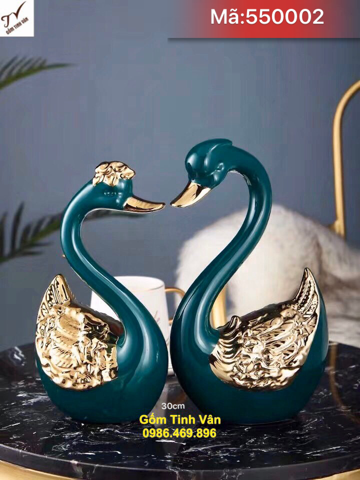 Cặp đôi thiên nga xanh ngọc lục bảo vẽ vàng 24k, mã 550002, cao 30 cm, đồ lưu niệm trang trí nội thất sang trọng, gốm bát tràng tinh vân
