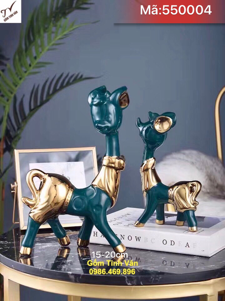 Cặp hươu nai men xanh ngọc lục bảo vẽ vàng 24k, mã 550004, cao 15-20 cm, đồ gốm trang trí nội thất, để bàn trưng bày, gốm tinh vân cao cấp