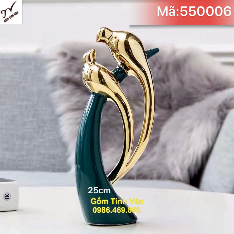 Đôi chim trưng bày vẽ vàng 24 k cao cấp, mã 550006, men xanh ngọc lục bảo, cao 25 cm, gốm bát tràng cao cấp