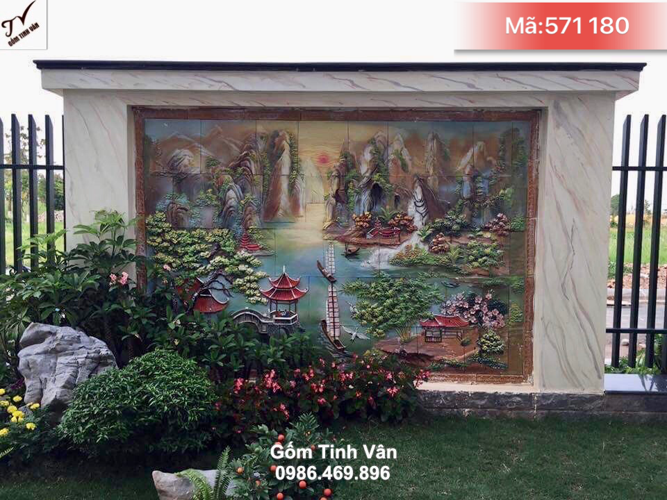 Tranh gốm ghép đắp nổi 3D, mã 571180, trang trí sân vườn tiểu cảnh, tranh gốm ốp tường bát tràng, kích thước tuỳ chọn, cảnh sơn thuỷ hữu tình