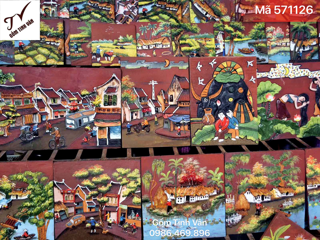 Tranh gốm đắp nổi, mã 571126, cảnh phố cổ Hà Nội, gốm sứ bát tràng, tinh vân, 35x35, 50x50 cm, tranh ghép dán tường