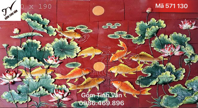 Tranh đắp nổi 3D, mã 571130, cảnh cửu ngư quần tụ, ý nghĩa thăng tiến đường công danh, tài lộc đầy nhà, tranh ghép khổ lớn theo yêu cầu, gốm sứ bát tràng, tinh vân