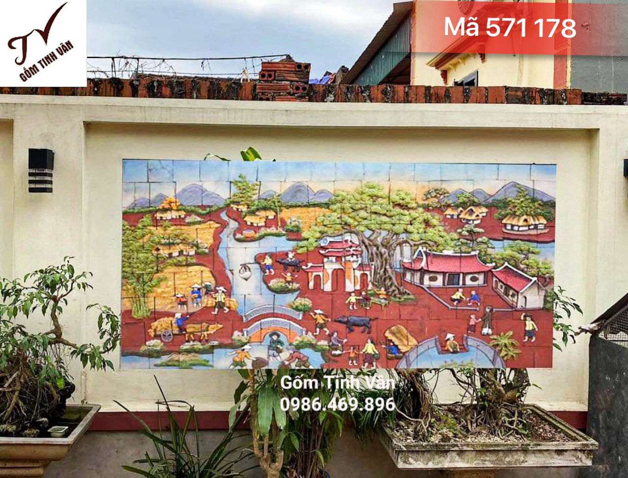 Tranh ghép ốp tường, mã 571178, cảnh ngày mùa gặt lúa, làng quê yên bình, cây đa bến nước sân đình, gốm sứ bát tràng tinh vân