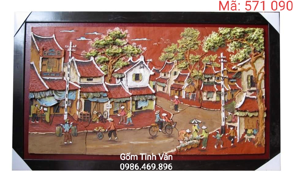 Tranh gốm đắp nổi, mã 571090, 60x90 cm, cảnh phố cổ hà nội, gốm bát tràng, tinh vân