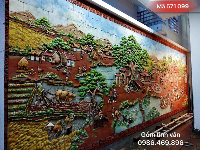 Tranh gốm đắp nổi, mã 571099, cảnh cây đa bên nước sân đình, làng quê việt nam, tranh gốm ghép khổ lớn, gốm bát tràng, tinh vân