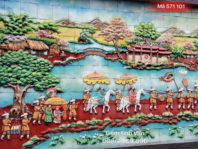 Tranh gốm đắp nổi, mã 571101, cảnh vinh quy bái tổ, tranh gốm ghép khổ lớn, gốm bát tràng, tinh vân