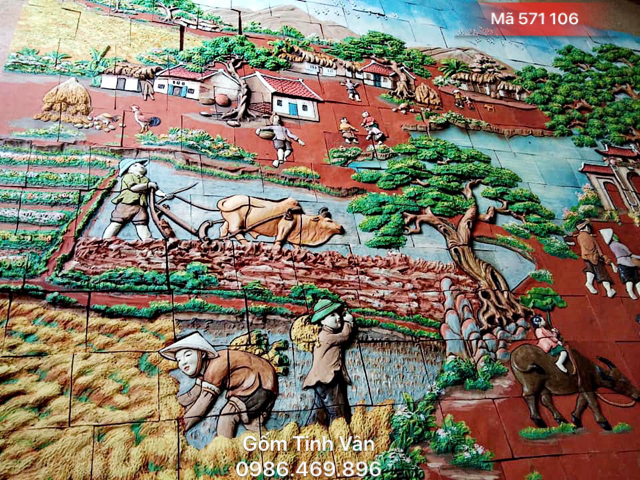 Tranh gốm đắp nổi, mã 571106, cảnh gặt lúa ngày mùa, tranh gốm ghép khổ lớn, gốm bát tràng, tinh vân