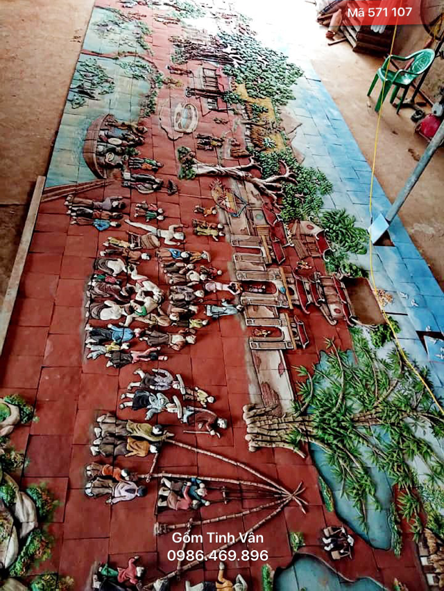 Tranh gốm đắp nổi, mã 571107, cảnh ngày hội làng quê việt nam, tranh gốm ghép khổ lớn, gốm bát tràng, tinh vân