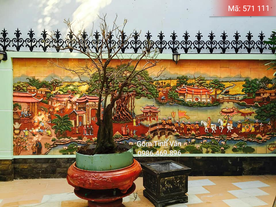 Tranh gốm đắp nổi, mã 571111, cảnh vinh quy bái tổ, trang trí sân vườn, ốp tường rào, gốm bát tràng, tinh vân