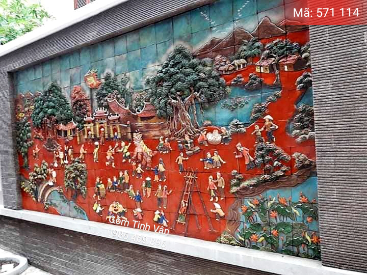 Tranh gốm đắp nổi, mã 571114, tranh ghép cỡ lớn, hoa văn đắp nổi, cảnh ngày hội làng quê việt nam, gốm bát tràng, tinh vân