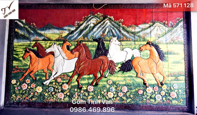 Tranh gốm đắp nổi, mã 571128, tranh gốm ghép khổ lớn, cảnh mã đáo thành công, khung viền gốm nâu, ốp tường, trang trí sân vườn,  gốm bát tràng, tinh vân