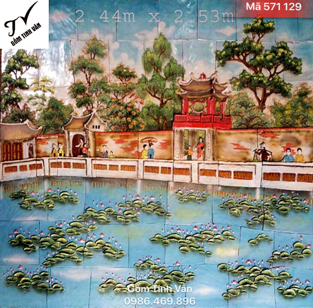 Tranh gốm đắp nổi, mã 571129, cỡ 2.44 x 2.53m , kích cỡ nhận đặt theo yêu cầu, cảnh khuê văn các, quốc tử giám, gốm sứ bát tràng, tinh vân