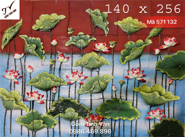Tranh gốm đỏ đắp nổi 3D, mã 571132, cảnh đầm sen, 140x256 cm, hoa văn đẹp tự nhiên, tranh ghép ốp tường, trang trí sân vườn, chế tác theo yêu cầu, gốm tinh vân bát tràng