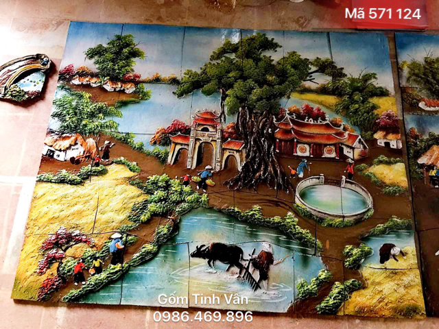 Tranh gốm ghép 3D, mã 571124, cảnh ngày mùa, gặt lúa, cây đa bến nước sân đình, hoa văn đắp nổi, gốm bát tràng, tinh vân