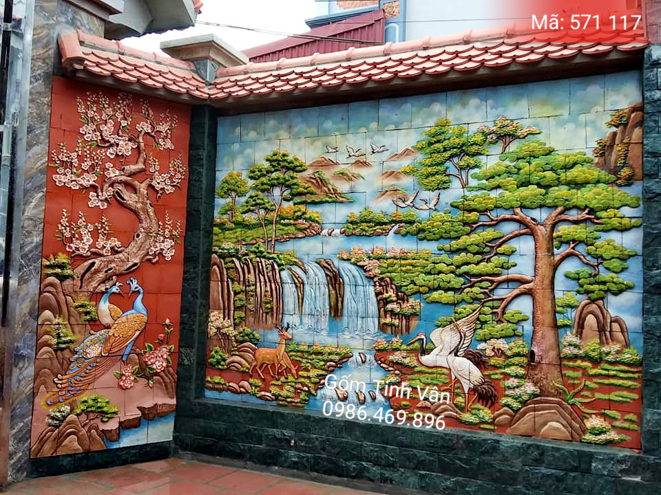 Tranh gốm ghép công đào, mã 571117, vinh hoa phú quý, sơn thủy hữu tình khổ lớn, gốm bát tràng, tinh vân